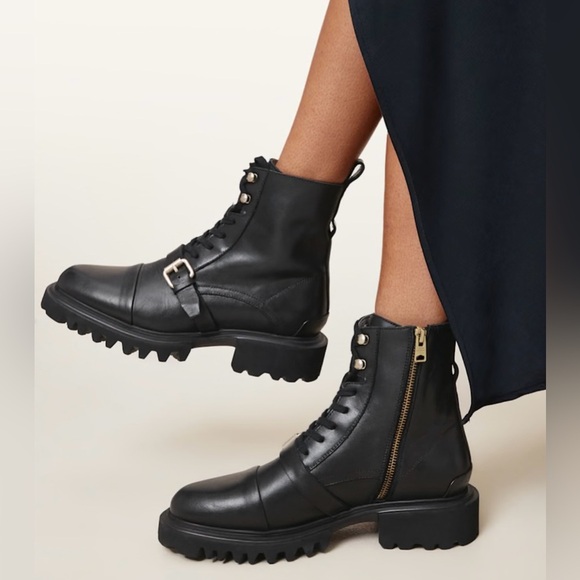 AllSaints womens Stellar Boot Combat Boot Sz 38/8 Black Leather NWOB - Picture 1 of 14